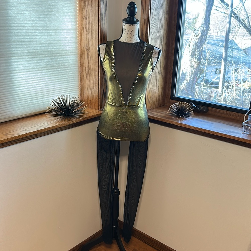 Custom NWOT Gold & Black Bodysuit Costume w/ Rhinestones Small Adult